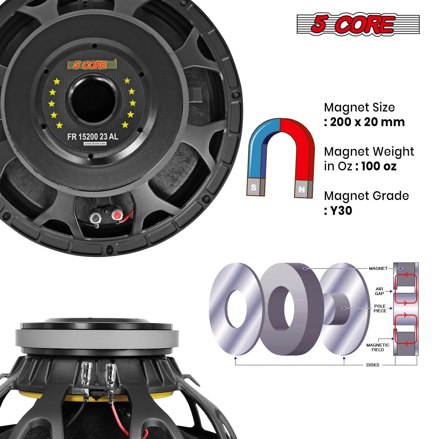 5Core 15 Inch Speaker 2000W Peak 8 Ohm Aluminum Frame Replacement DJ